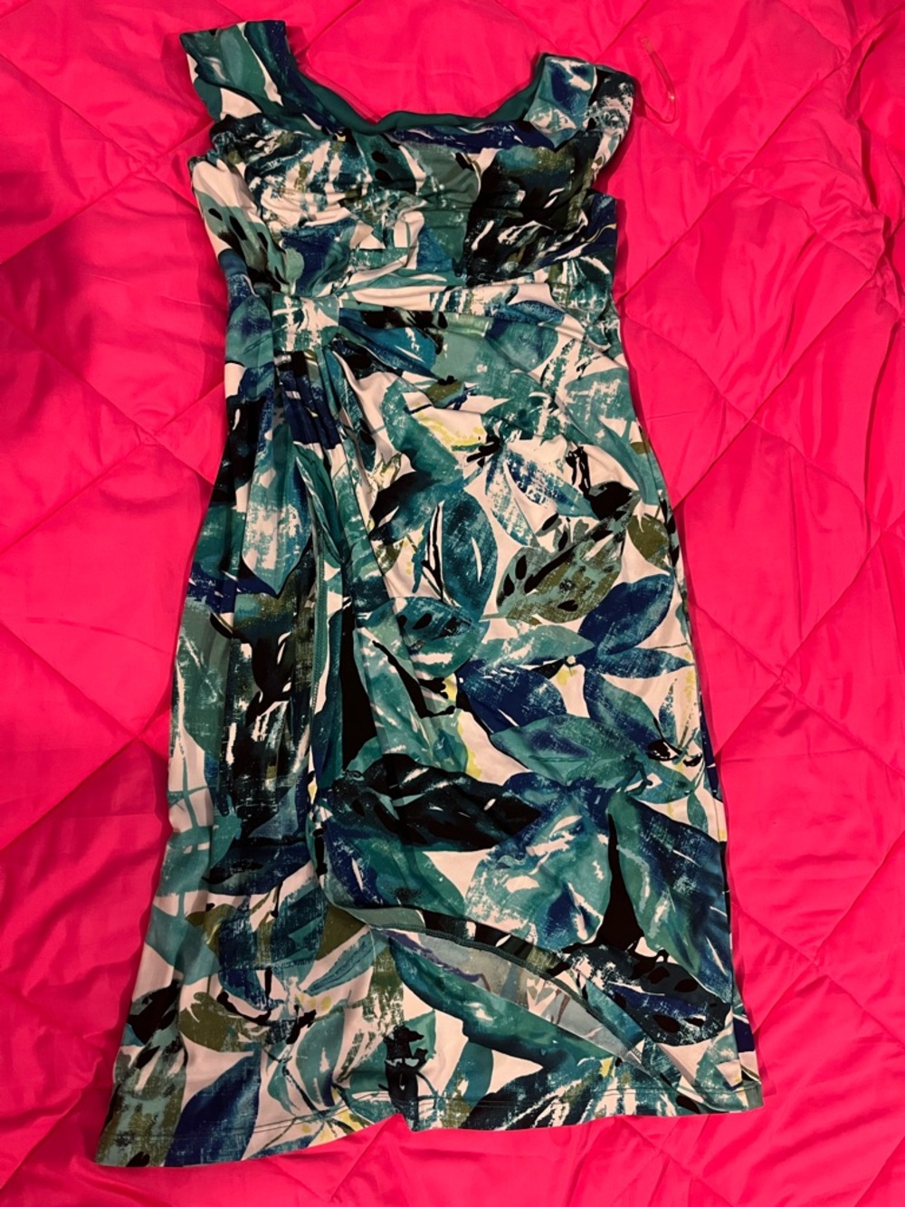 connected apparel Teal and Blue Leaf-Print Midi Dress